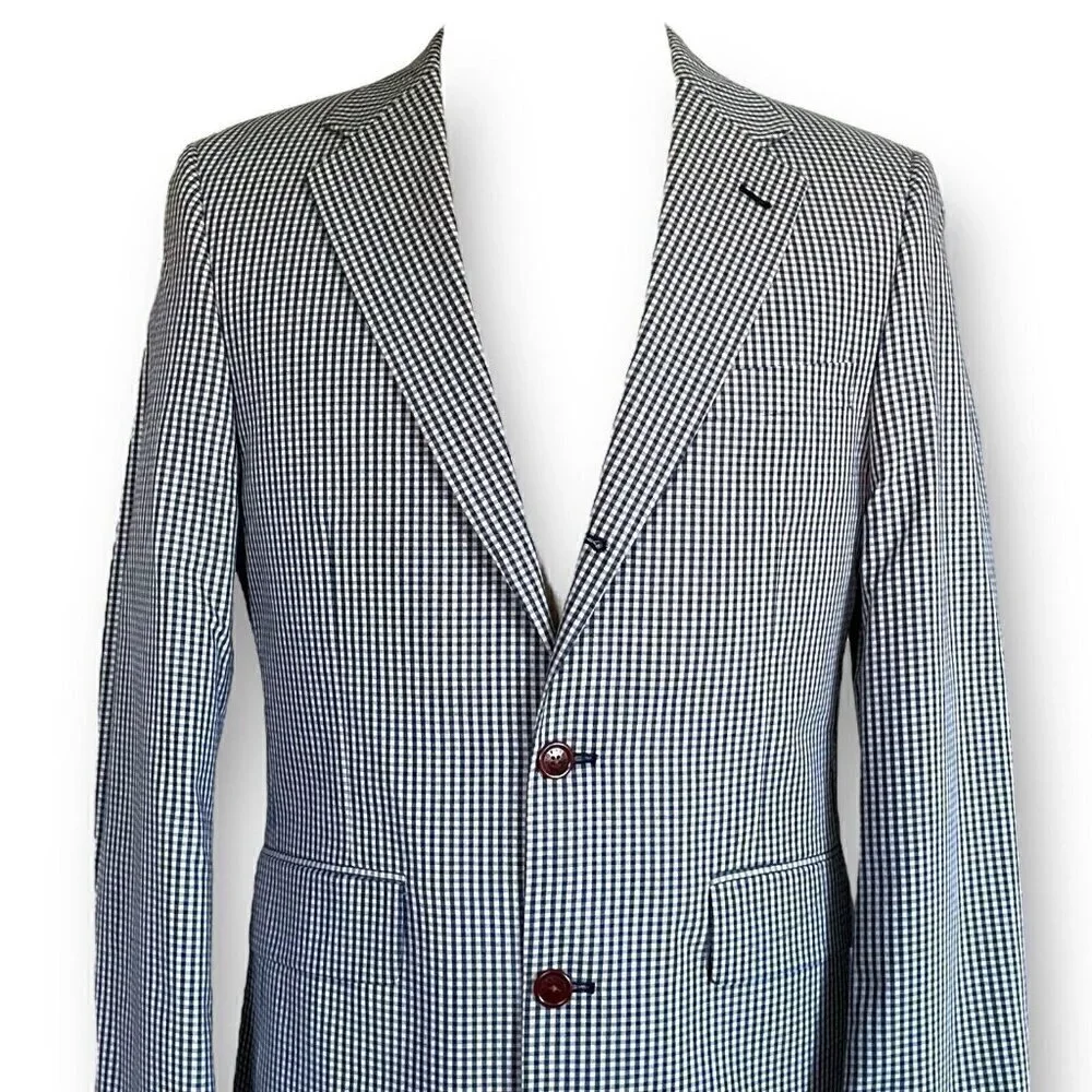 Orvis Mens Sport Coat Jacket 38R Navy Blue Beige Gingham Cotton Blend Two Button